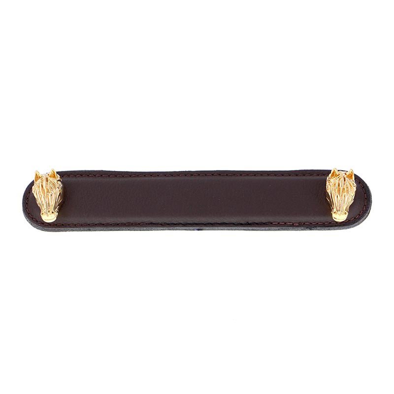 Leather Collection 5" (128mm) Cavallo Pull in Brown Leather in Polished Gold