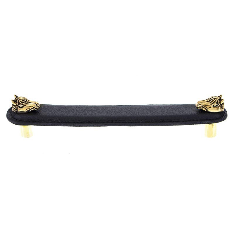 Leather Collection 6" (152mm) Cavallo Pull in Black Leather in Antique Gold
