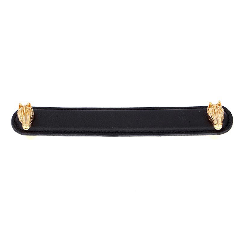 Leather Collection 6" (152mm) Cavallo Pull in Black Leather in Polished Gold