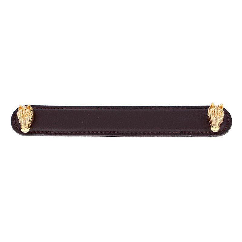Leather Collection 6" (152mm) Cavallo Pull in Brown Leather in Polished Gold