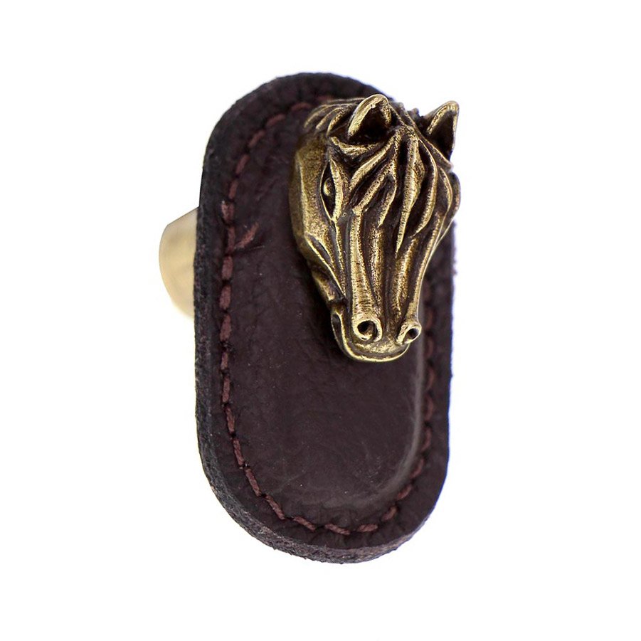 Leather Collection Cavallo Knob in Brown Leather in Antique Brass