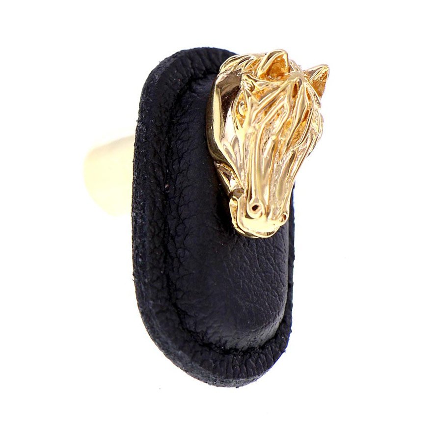Leather Collection Cavallo Knob in Black Leather in Polished Gold