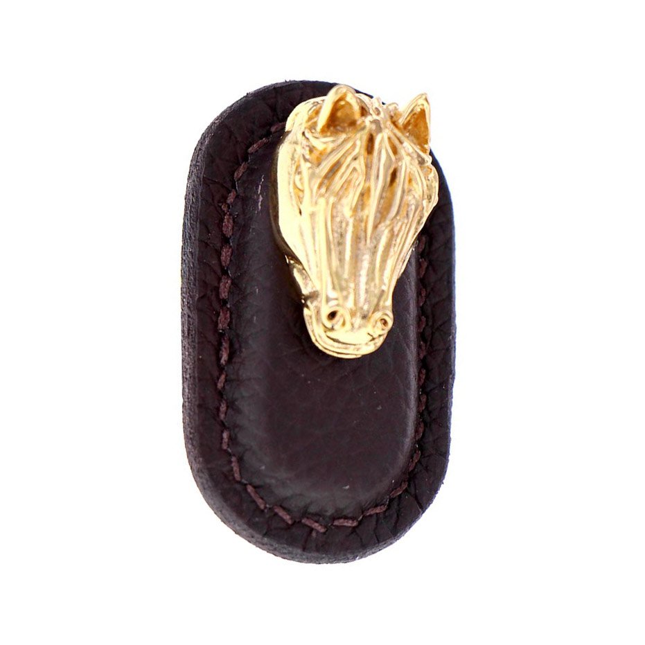 Leather Collection Cavallo Knob in Brown Leather in Polished Gold