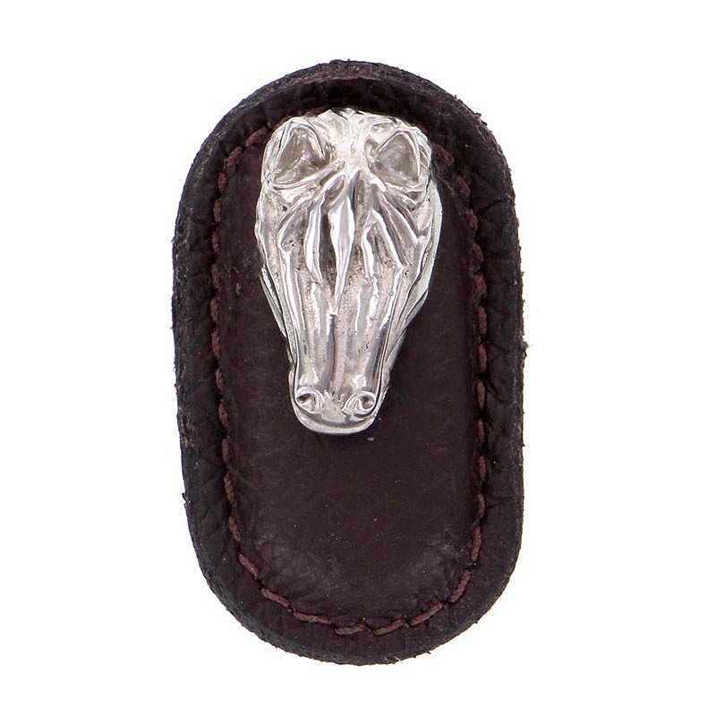 Leather Collection Cavallo Knob in Black Leather in Polished Silver