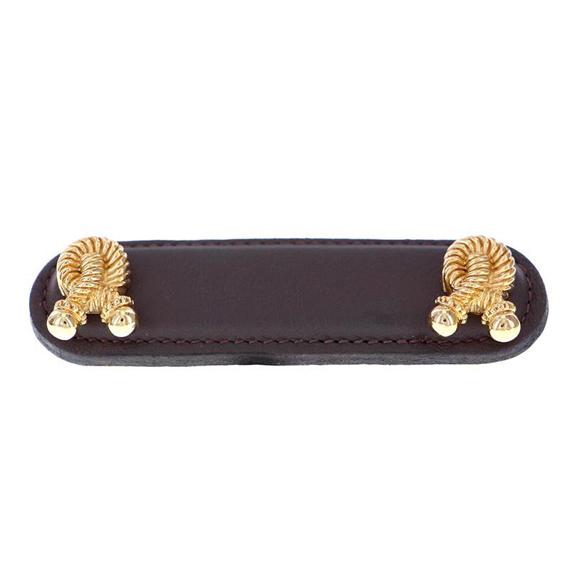 Leather Collection 3" (76mm) Bonata Pull in Brown Leather in Polished Gold