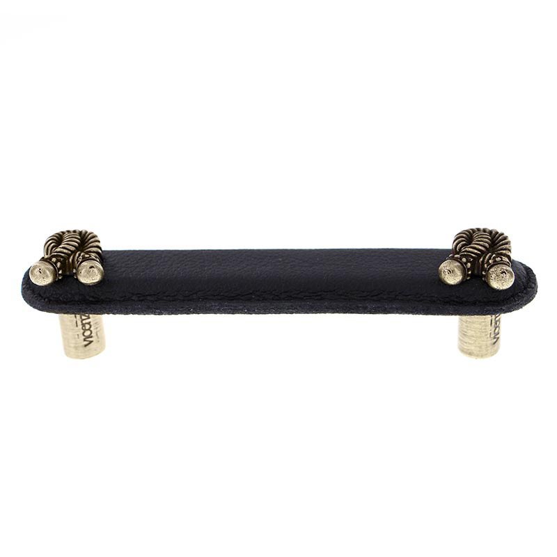 Leather Collection 4" (102mm) Bonata Pull in Black Leather in Antique Brass