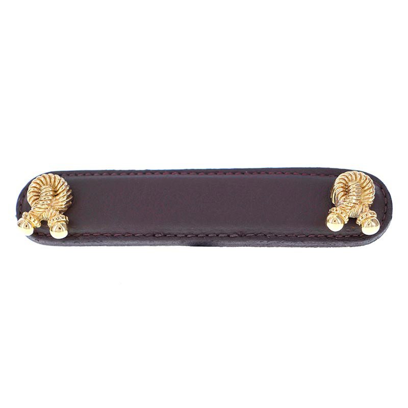 Leather Collection 4" (102mm) Bonata Pull in Brown Leather in Polished Gold