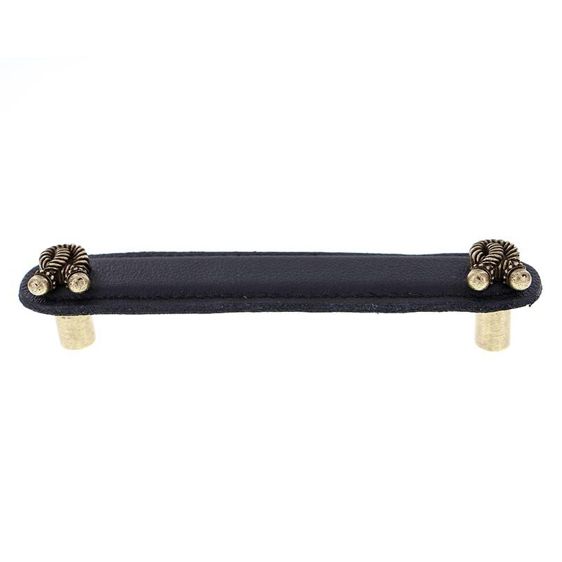 Leather Collection 5" (128mm) Bonata Pull in Black Leather in Antique Brass