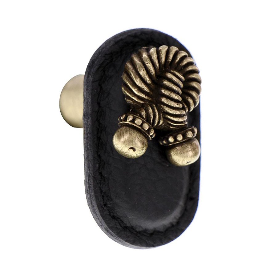 Leather Collection Bonata Knob in Black Leather in Antique Brass