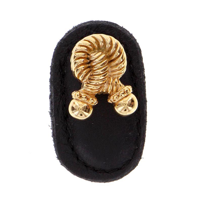 Leather Collection Bonata Knob in Black Leather in Polished Gold