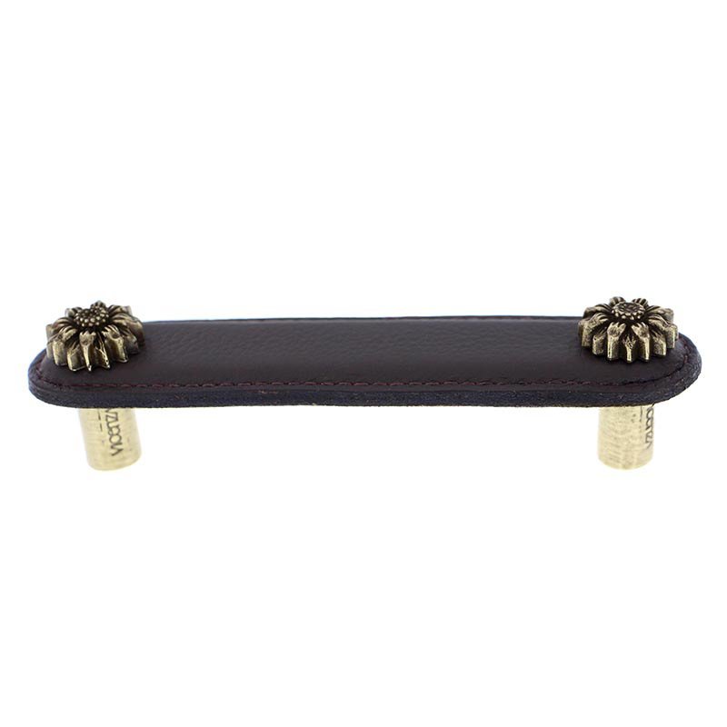 Leather Collection 4" (102mm) Margherita Pull in Brown Leather in Antique Brass