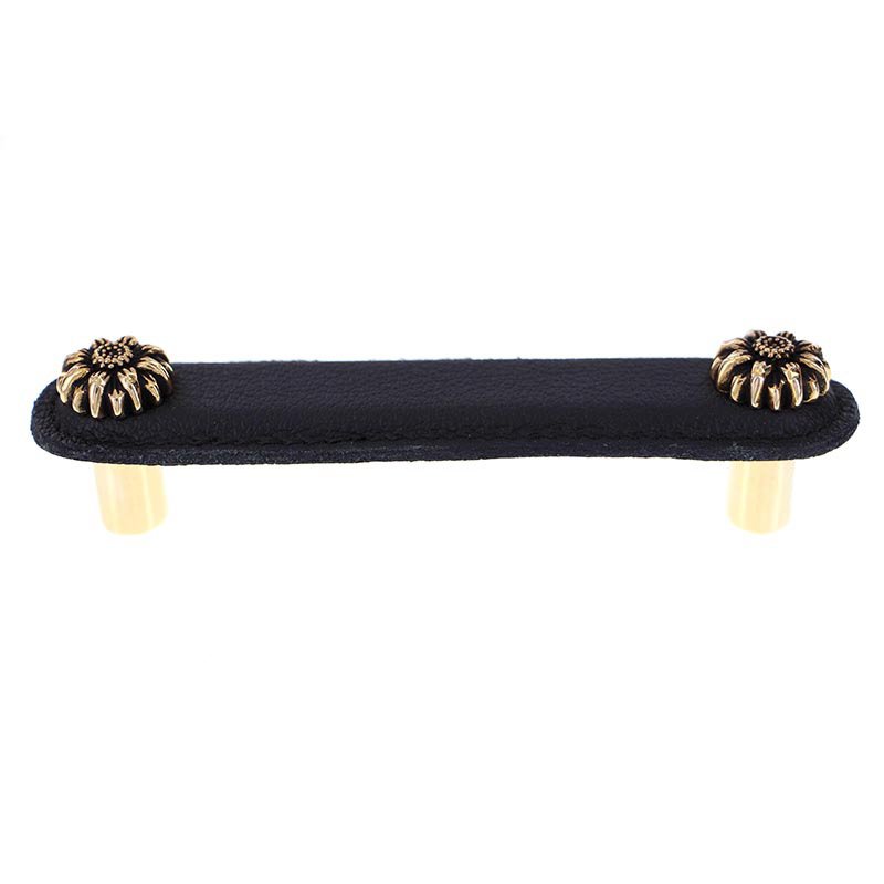 Leather Collection 4" (102mm) Margherita Pull in Black Leather in Antique Gold