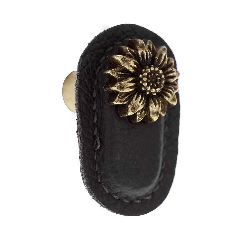 Leather Collection Margherita Knob in Black Leather in Antique Brass