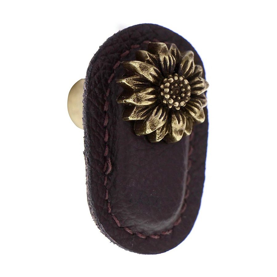 Leather Collection Margherita Knob in Brown Leather in Antique Brass