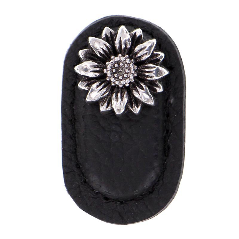 Leather Collection Margherita Knob in Black Leather in Antique Silver