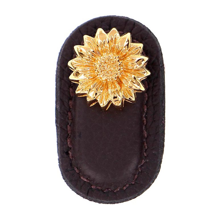 Leather Collection Margherita Knob in Brown Leather in Polished Gold
