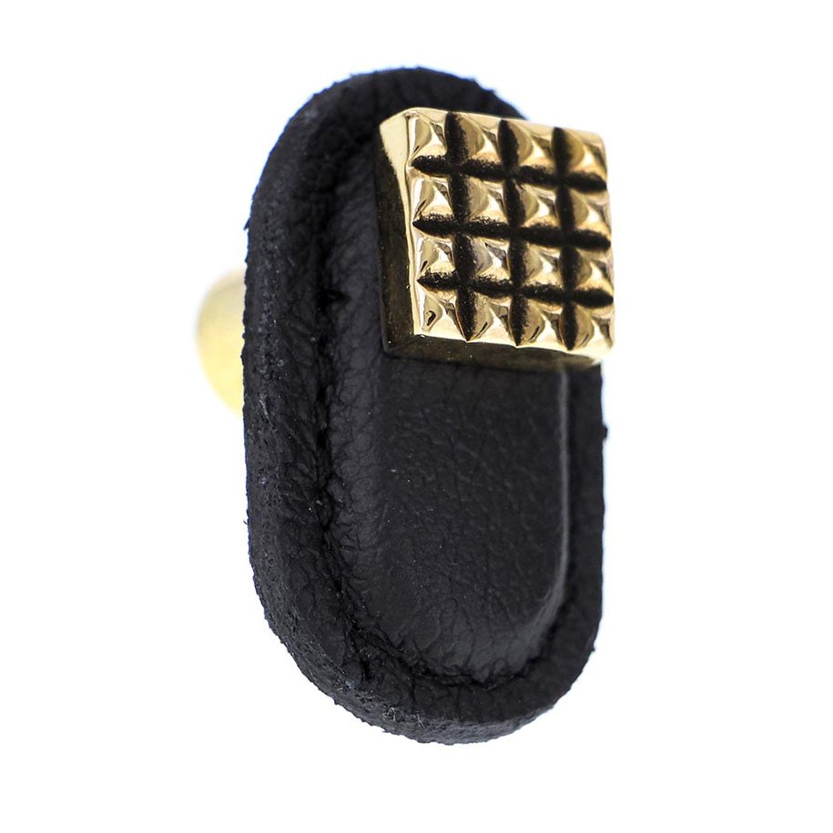 Leather Collection Solferino Knob in Black Leather in Antique Gold