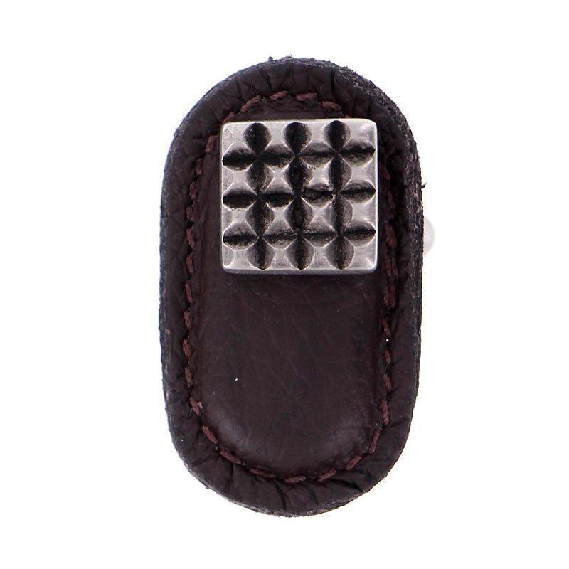 Leather Collection Solferino Knob in Brown Leather in Antique Nickel