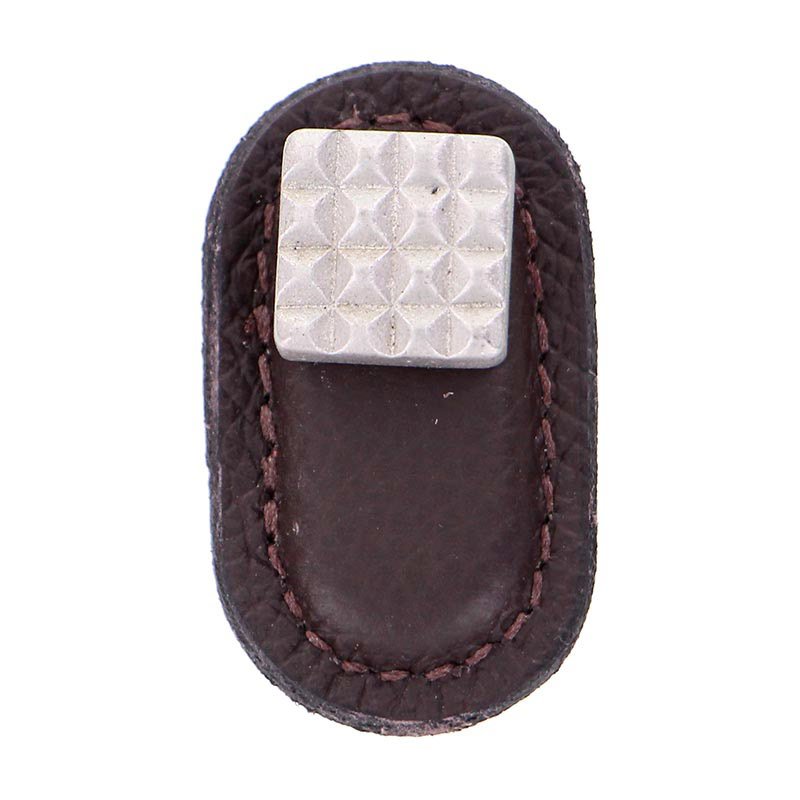 Leather Collection Solferino Knob in Brown Leather in Satin Nickel