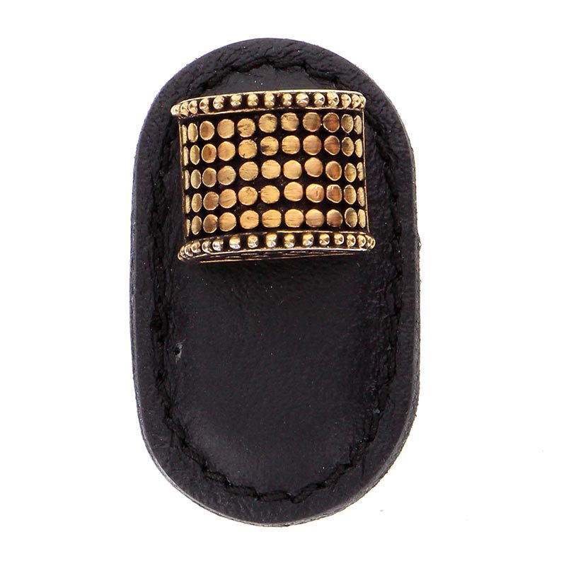 Leather Collection Tiziano Knob in Black Leather in Antique Gold