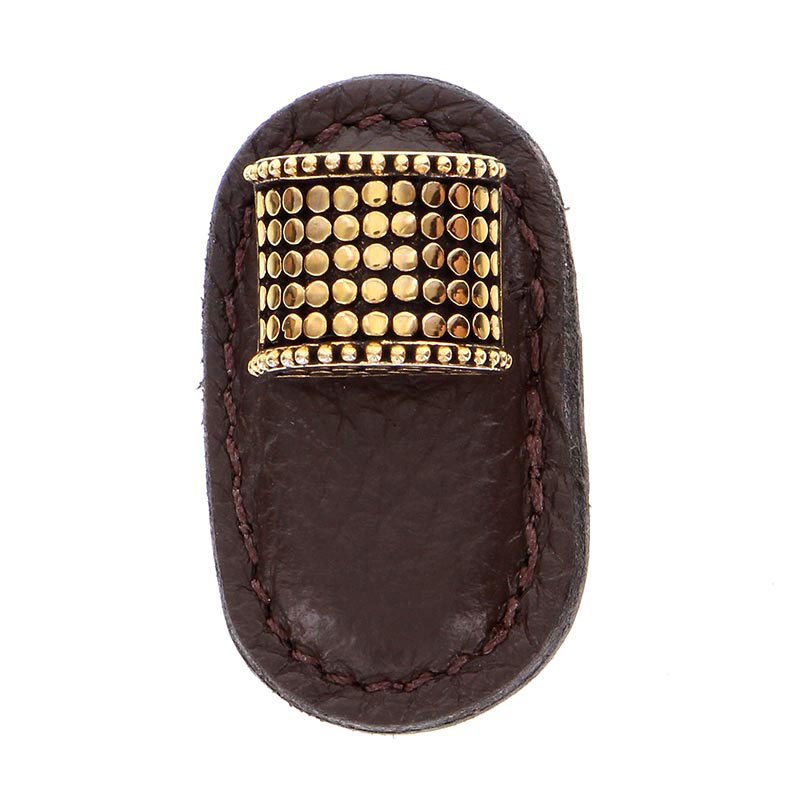 Leather Collection Tiziano Knob in Brown Leather in Antique Gold