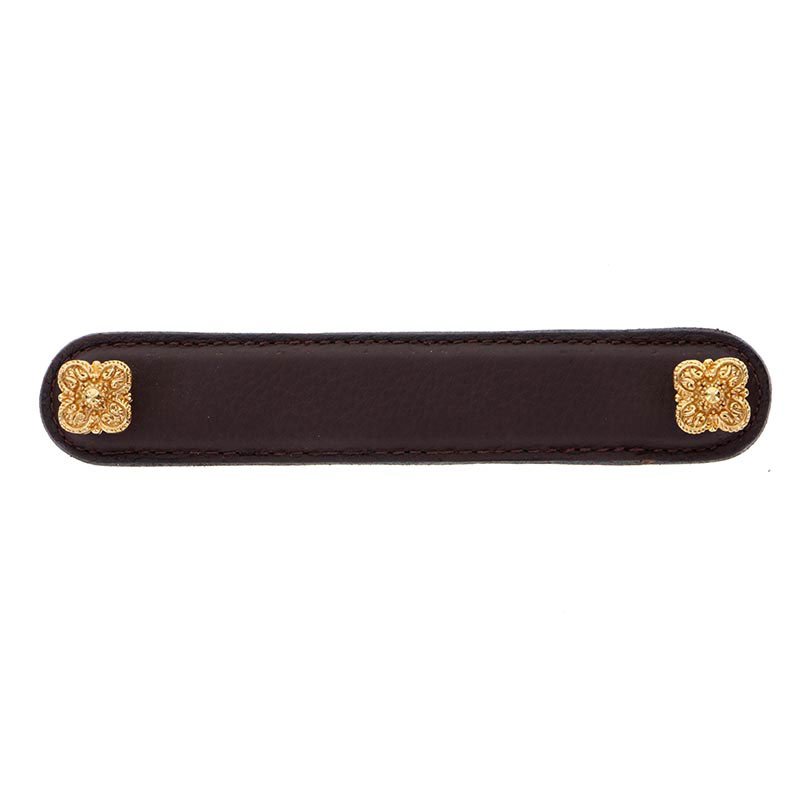 Leather Collection 5" (128mm) Napoli Pull in Brown Leather in Polished Gold