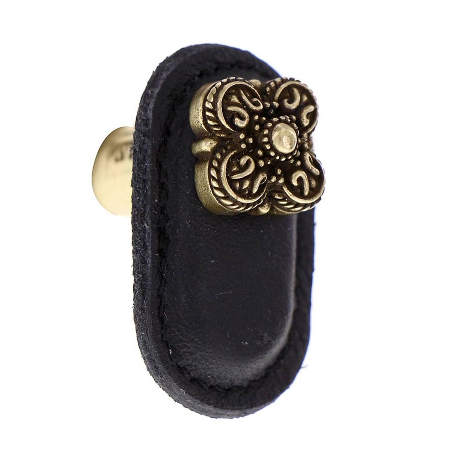 Leather Collection Napoli Knob in Black Leather in Antique Brass