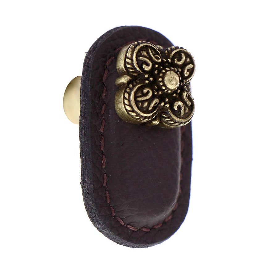 Leather Collection Napoli Knob in Brown Leather in Antique Brass