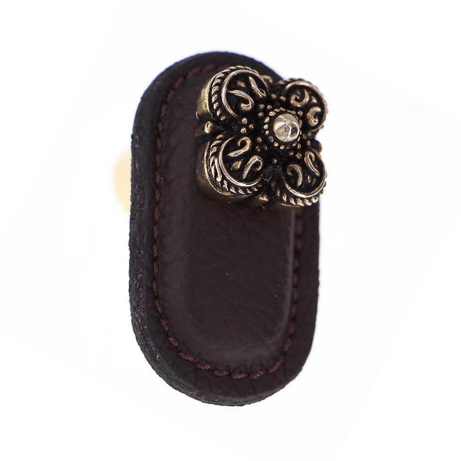 Leather Collection Napoli Knob in Brown Leather in Antique Gold