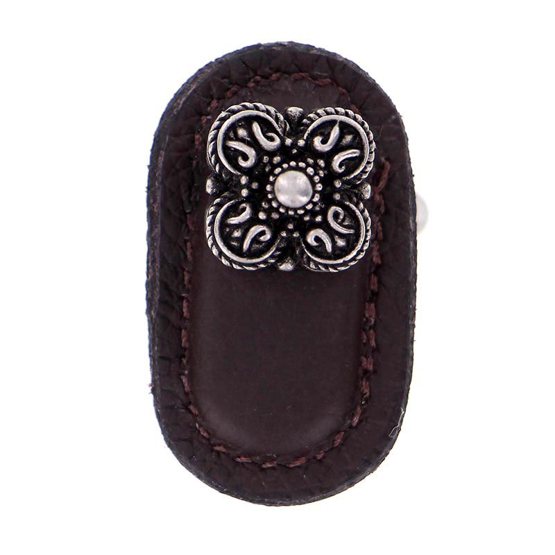 Leather Collection Napoli Knob in Brown Leather in Antique Nickel