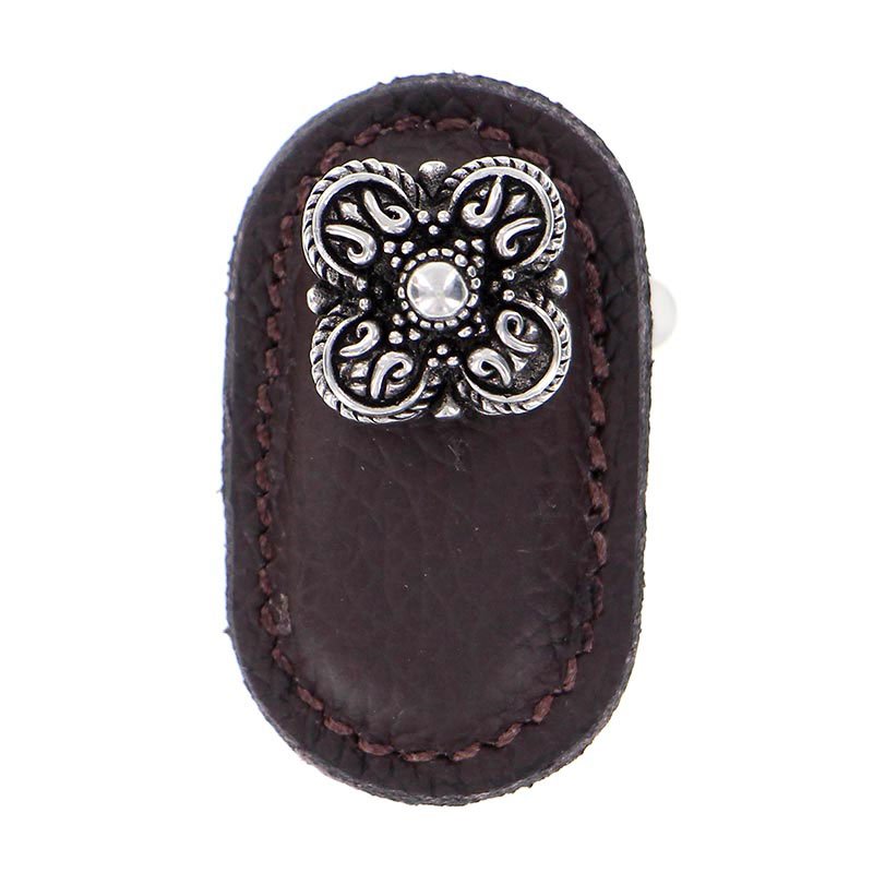 Leather Collection Napoli Knob in Brown Leather in Antique Silver
