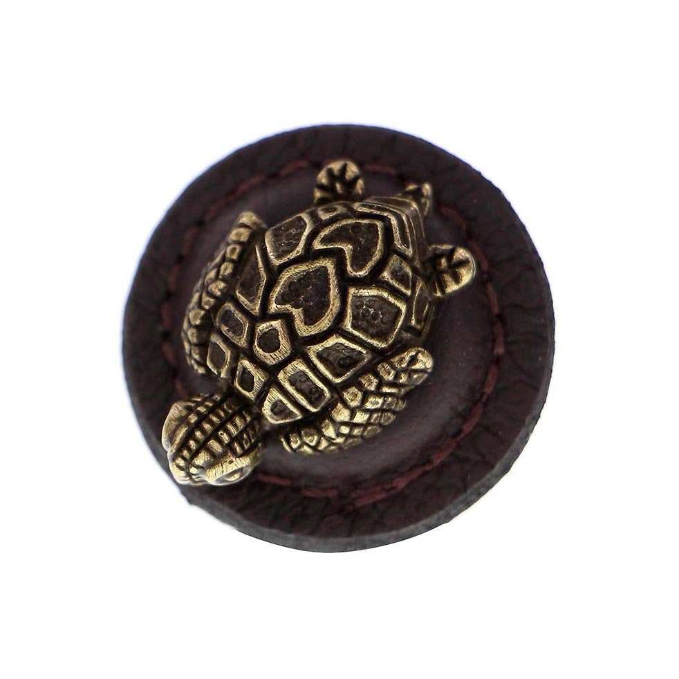 1 1/4" Round Turtle Knob with Leather Insert in Antique Brass with Brown Leather Insert