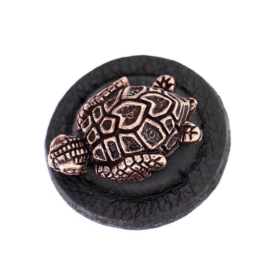 1 1/4" Round Turtle Knob with Leather Insert in Antique Copper with Black Leather Insert