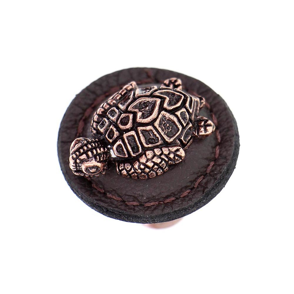 1 1/4" Round Turtle Knob with Leather Insert in Antique Copper with Brown Leather Insert