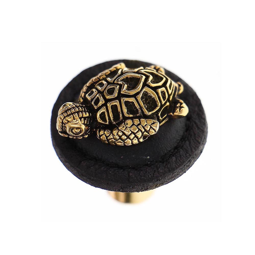 1 1/4" Round Turtle Knob with Leather Insert in Antique Gold with Black Leather Insert