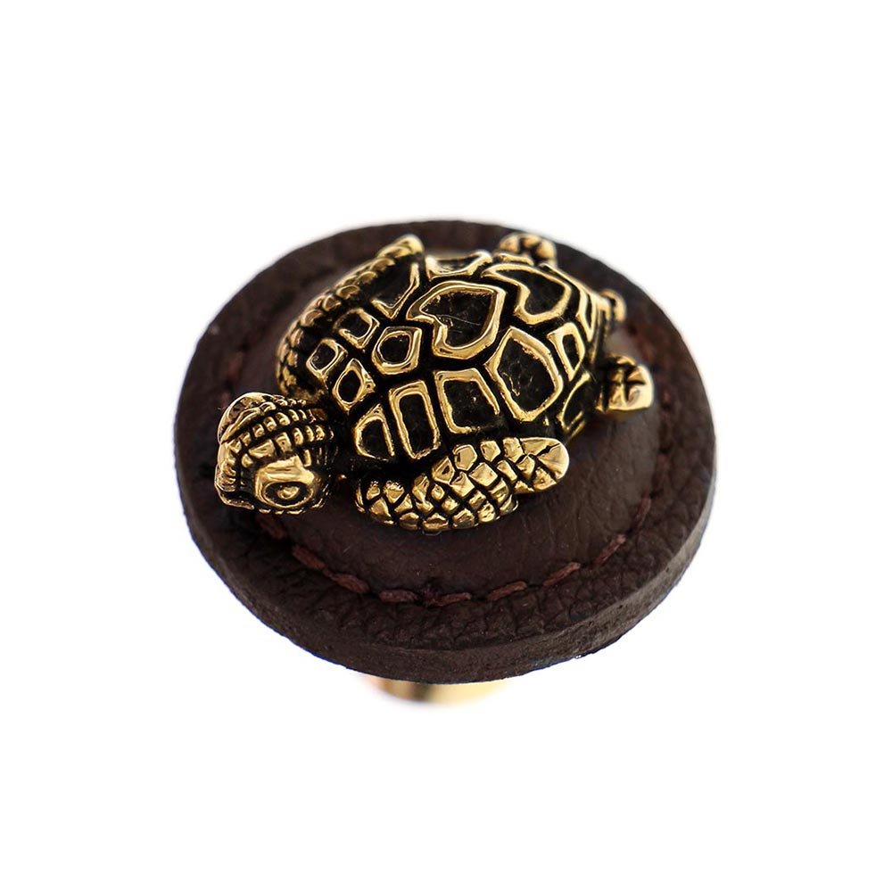 1 1/4" Round Turtle Knob with Leather Insert in Antique Gold with Brown Leather Insert