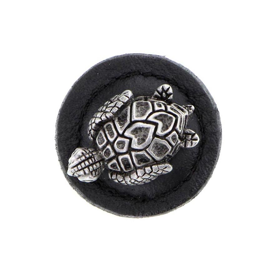 1 1/4" Round Turtle Knob with Leather Insert in Antique Nickel with Black Leather Insert