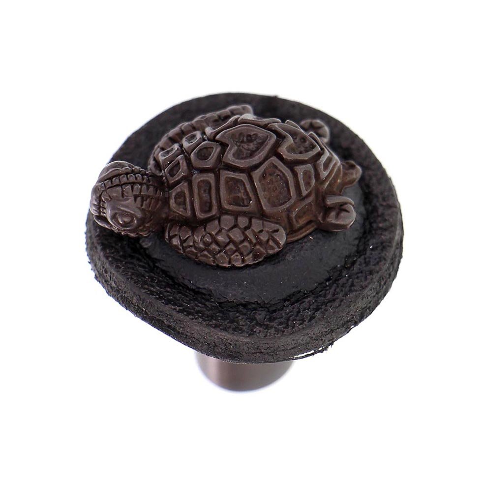 1 1/4" Round Turtle Knob with Leather Insert in Oil Rubbed Bronze with Black Leather Insert