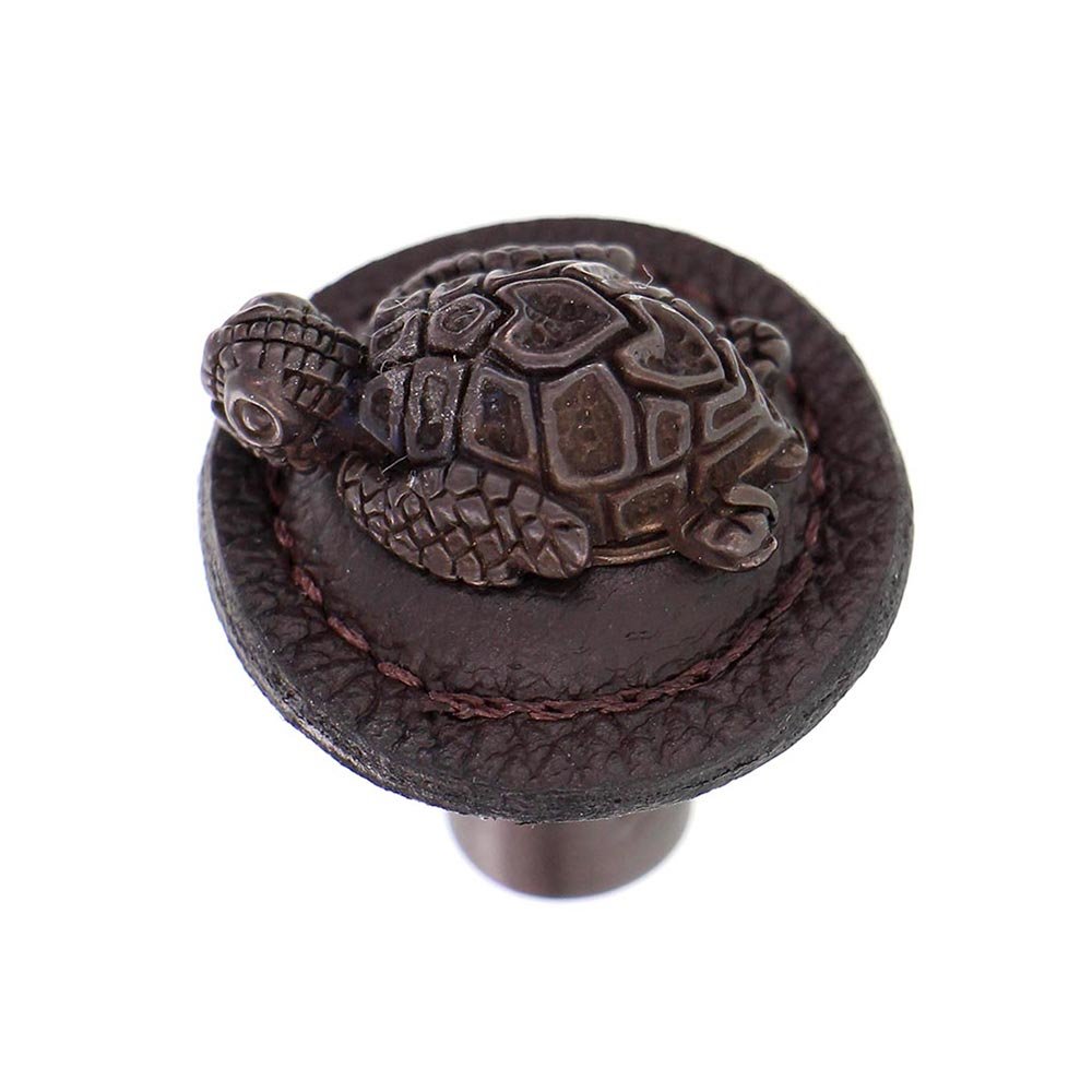 1 1/4" Round Turtle Knob with Leather Insert in Oil Rubbed Bronze with Brown Leather Insert