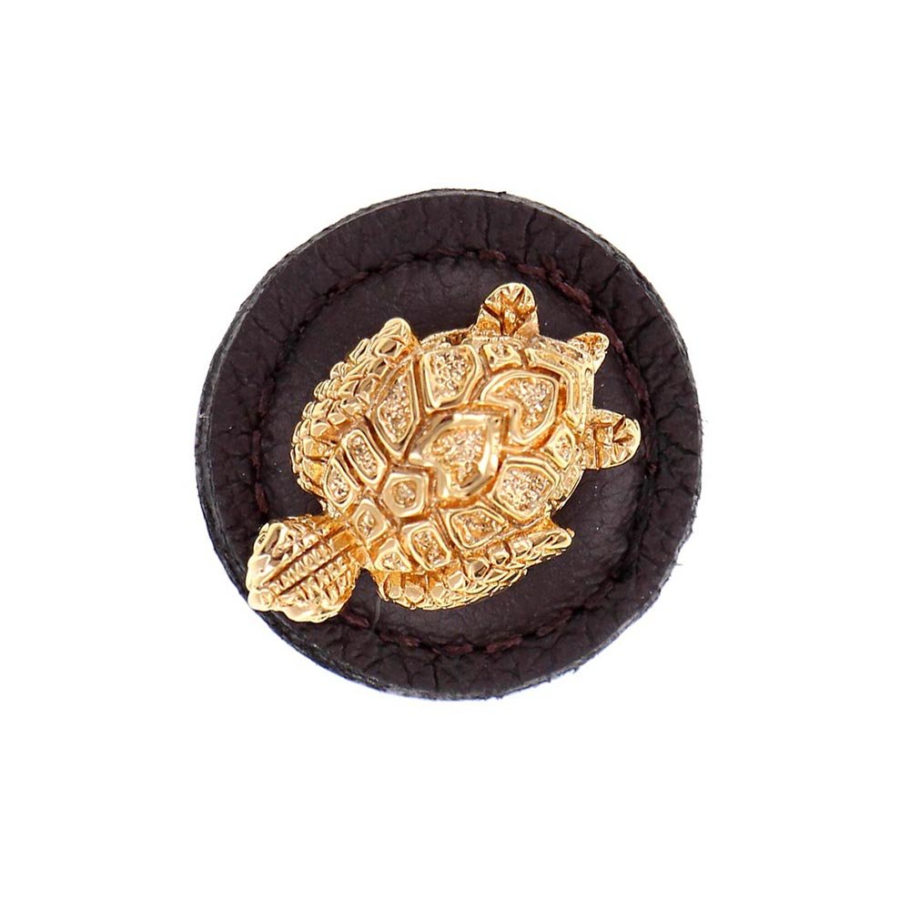 1 1/4" Round Turtle Knob with Leather Insert in Polished Gold with Brown Leather Insert
