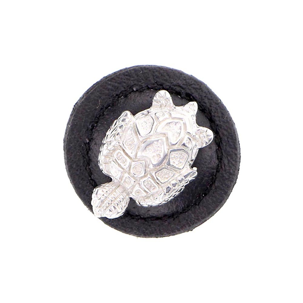 1 1/4" Round Turtle Knob with Leather Insert in Polished Nickel with Black Leather Insert