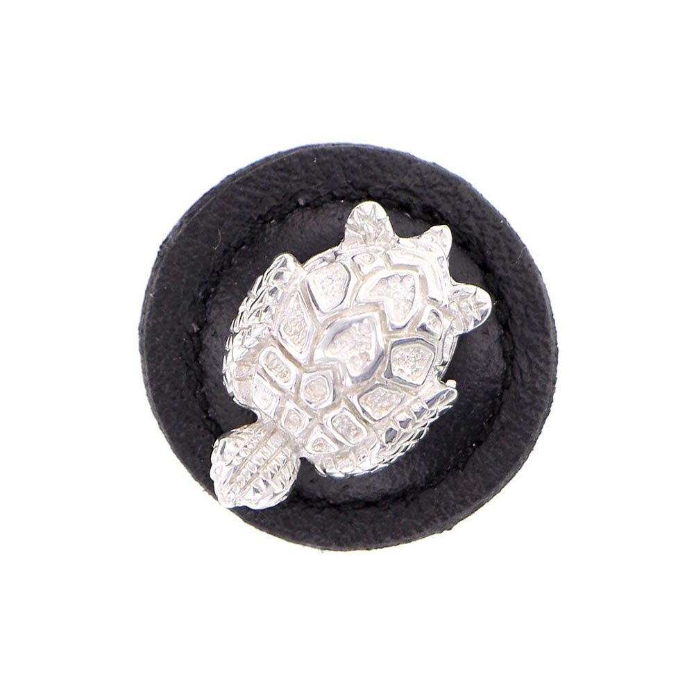 1 1/4" Round Turtle Knob with Leather Insert in Polished Silver with Black Leather Insert