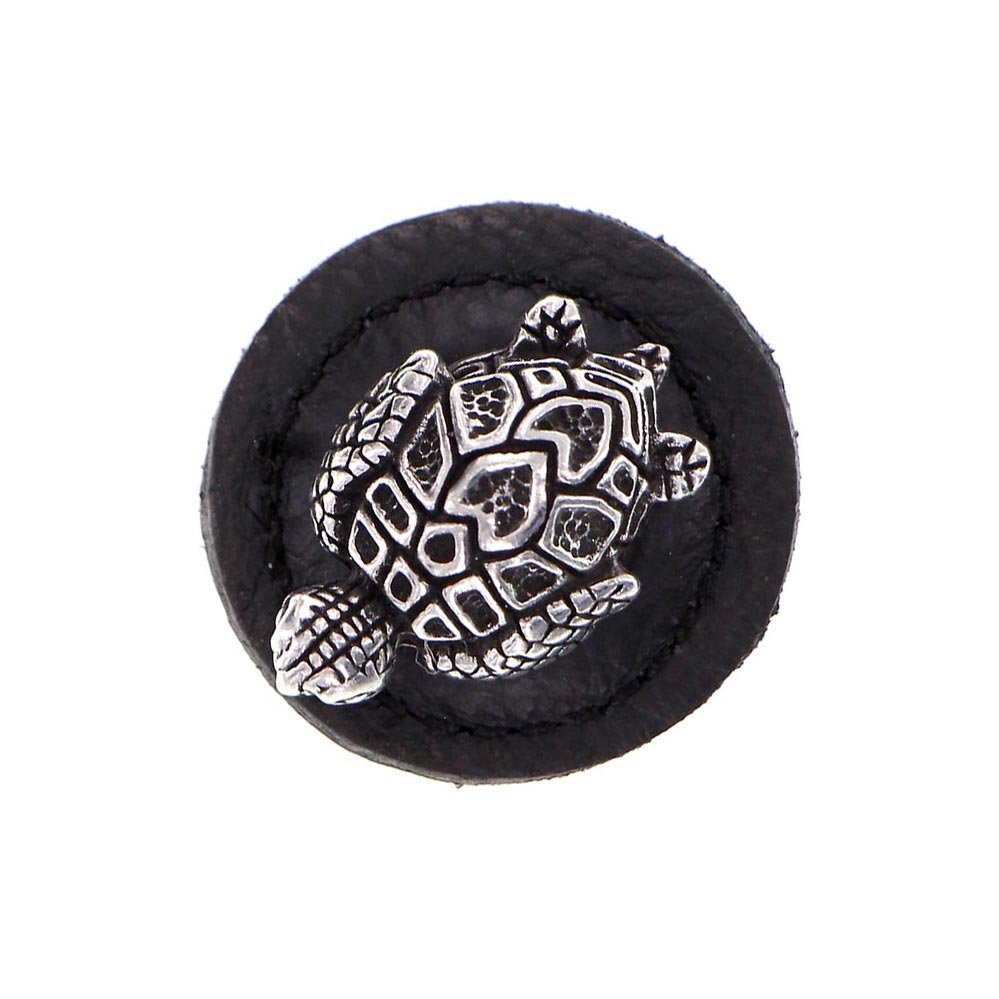 1 1/4" Round Turtle Knob with Leather Insert in Vintage Pewter with Black Leather Insert