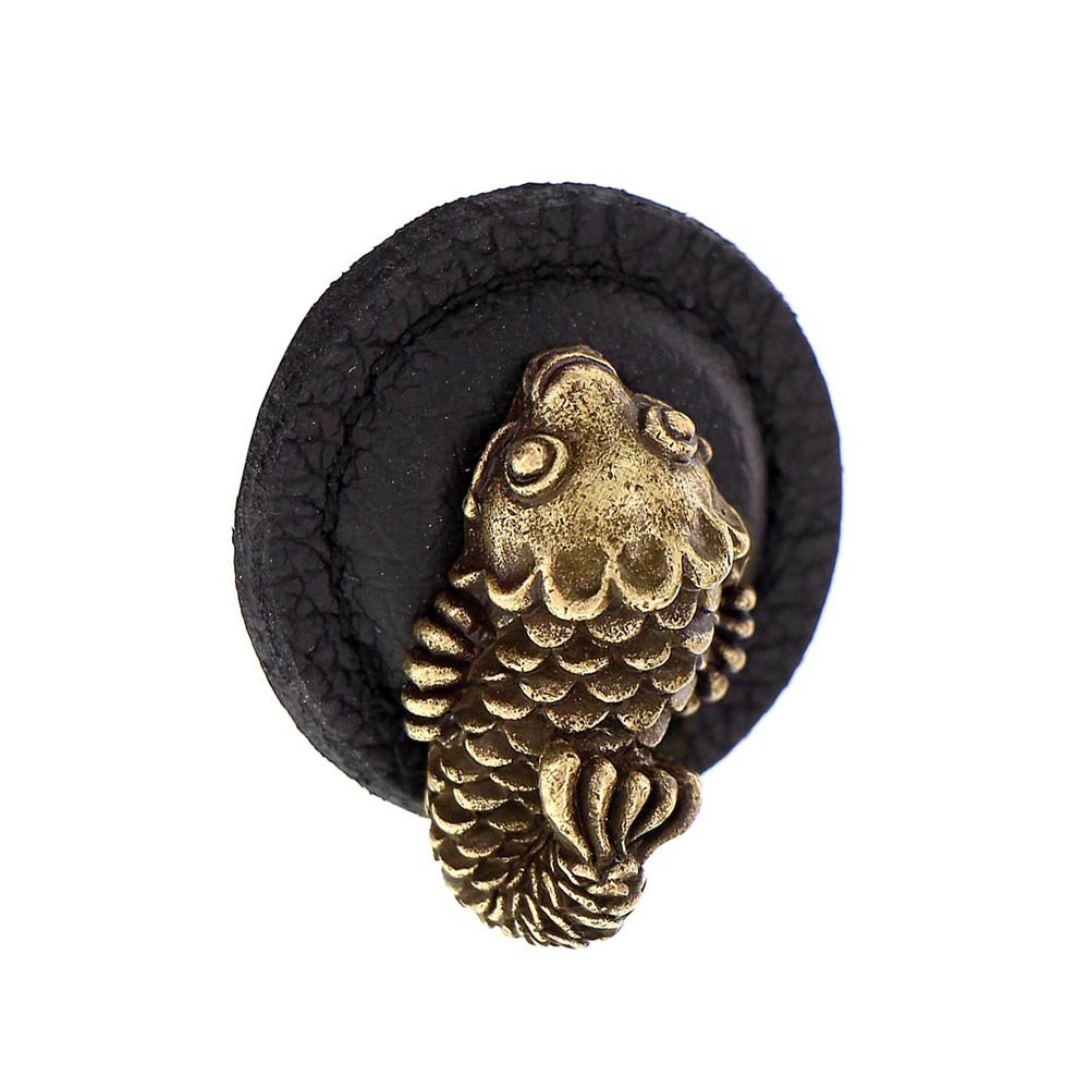17 1/4" Round Koi Knob with Leather Insert in Antique Brass