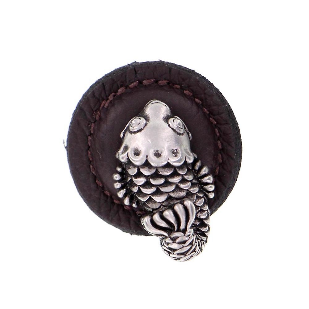3 1/4" Round Koi Knob with Leather Insert in Antique Nickel