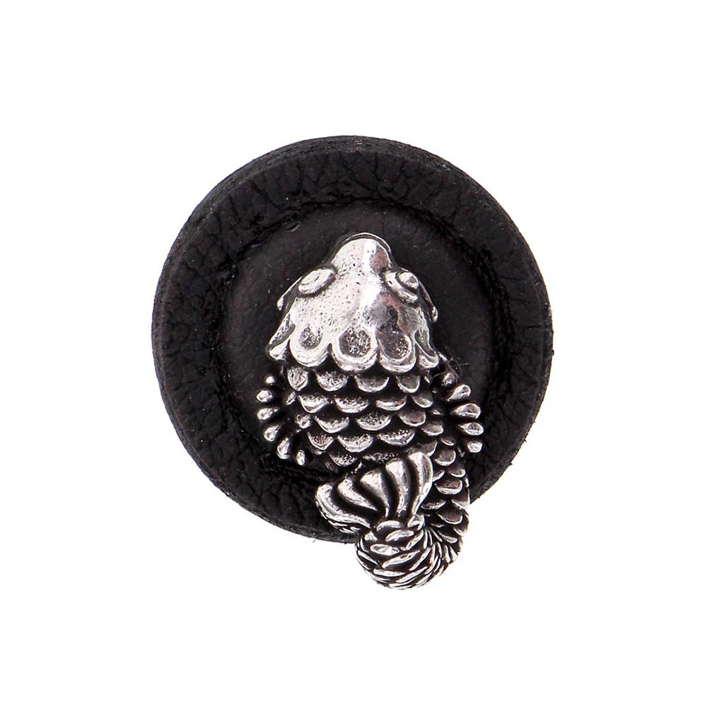 5 1/4" Round Koi Knob with Leather Insert in Vintage Pewter
