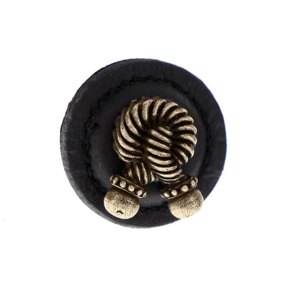 1 1/4" Round Rope Knob with Leather Insert in Antique Brass with Black Leather Insert