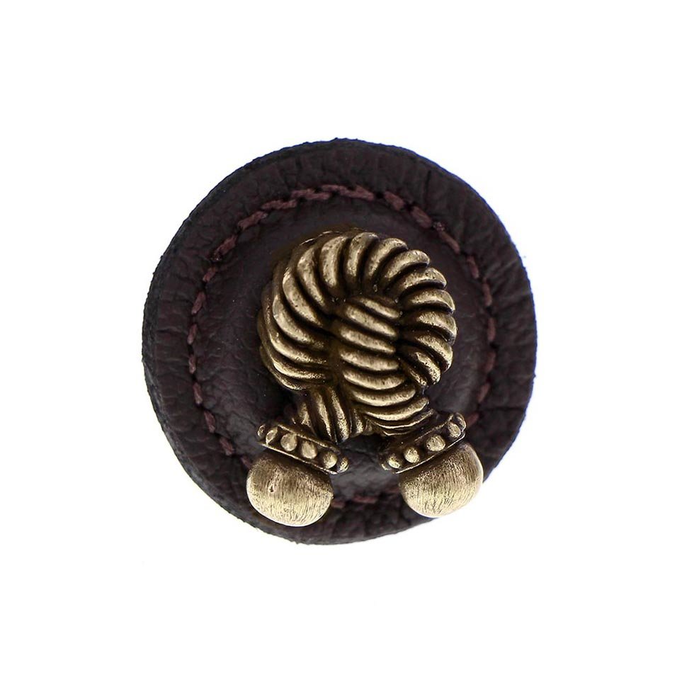 1 1/4" Round Rope Knob with Leather Insert in Antique Brass with Brown Leather Insert