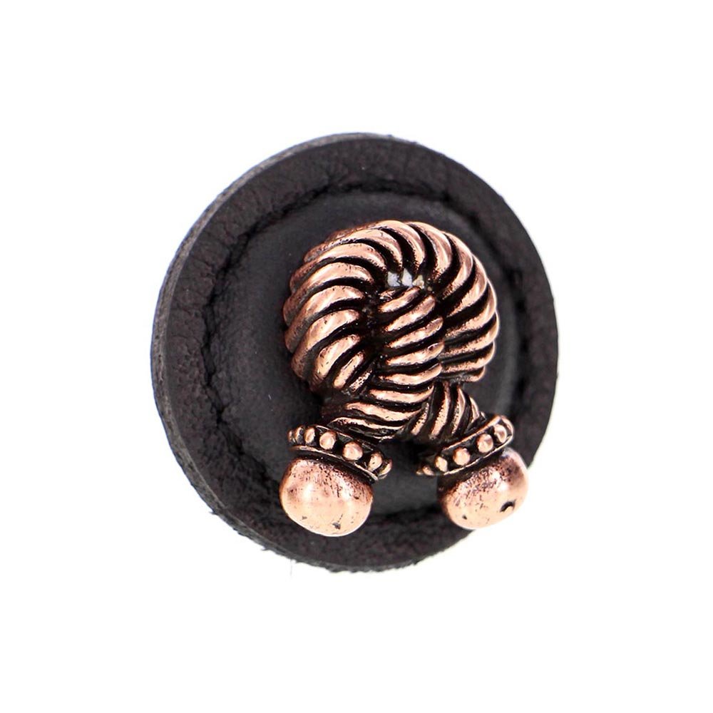 1 1/4" Round Rope Knob with Leather Insert in Antique Copper with Black Leather Insert