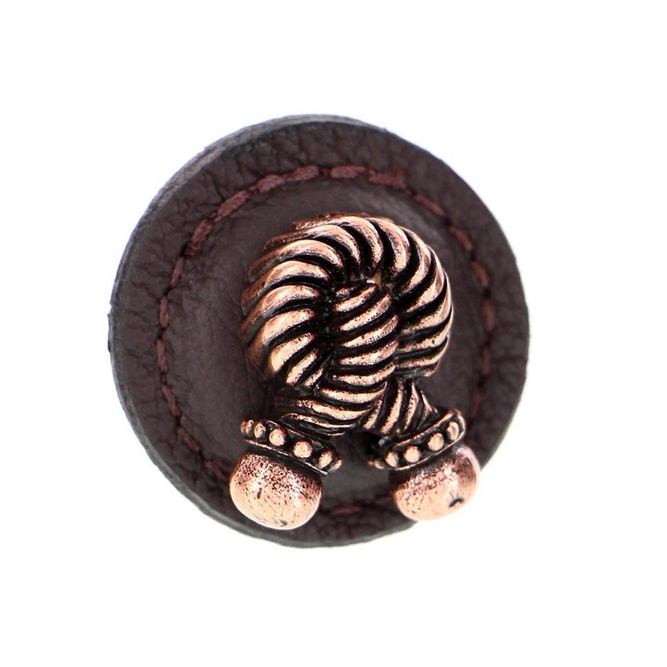1 1/4" Round Rope Knob with Leather Insert in Antique Copper with Brown Leather Insert